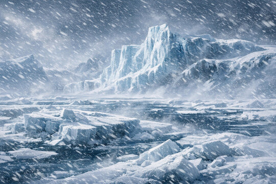 A dramatic scene of a snowstorm in the ocean, with chunks of ice floating on the surface.