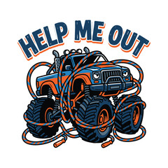 Monster truck tangled in jump rope with Help Me Out text © MdAnisul