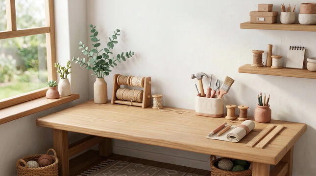 3D clay illustration of an organized DIY craft workspace on a wooden table with tools, twine, and plants. Concept for handmade hobbies, creative studio, and home workshop.