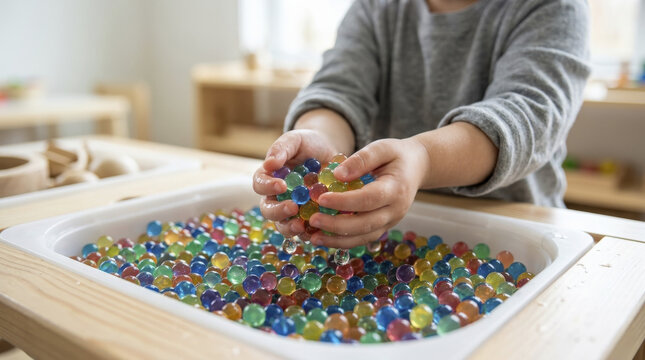 Child's Hands Playing with Colorful Water Beads for Sensory Fun