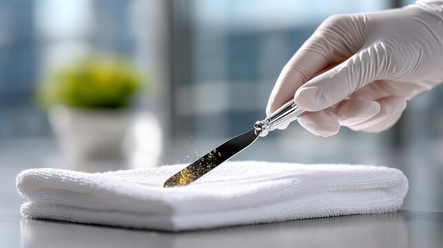Gloved hand using metal cuticle pusher on towel for manicure care and nail treatment banner and professional salon background