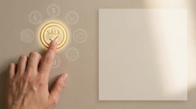 A hand pointing at a sale sign in a clear decision-making gesture representing engagement in a modern shopping context