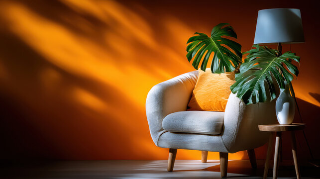 Cozy mid century reading chair with an orange cushion and large monstera leaves against a warm amber wall for living room background and decor styling