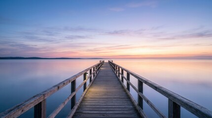 Fototapeta premium Serene Wooden Pier Extending into Calm Water at Sunset.