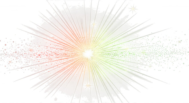 Abstract explosion of red and green light rays with glowing particles and starburst flares on a dark black background, digital effect