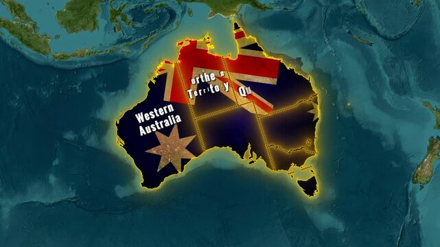 Australia map zoom animation with flag overlay revealing state names and borders