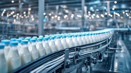 Obraz premium A modern dairy processing plant with a conveyor system. Bottles filled with milk are moving along the line. This image captures industrial efficiency and productivity. Clean and bright atmosphere. AI