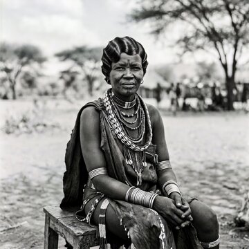 Elderly Samburu Woman in Traditional Attire: A wise Samburu elder, adorned in rich beadwork and distinctive hairstyle, sits with a serene expression, embodying the cultural heritage of her community.