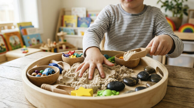 Child's Hands Playing with Kinetic Sand and Toys in Round Wooden Sensory Tray