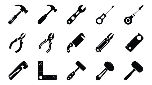 Collection of various hand tools icons on white background