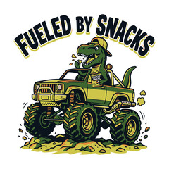 Cartoon T-Rex Dinosaur Driving A Monster Truck Eating Crunchy Snacks © MdAnisul