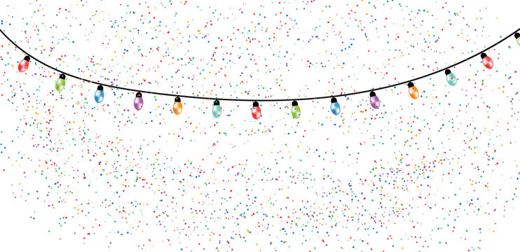 Colorful string lights on transparent background with confetti, Festive decoration vector