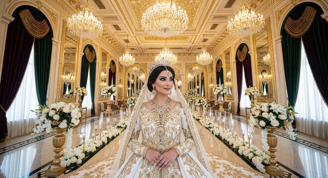 Elegant bride in ornate gown standing in opulent hall adorned with chandeliers and floral.