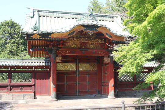 A majestic view of a historic shogun mausoleum gate with intricate traditional carvings.