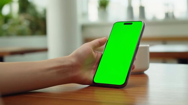 Close-up of hand using green screen smartphone on cafe table