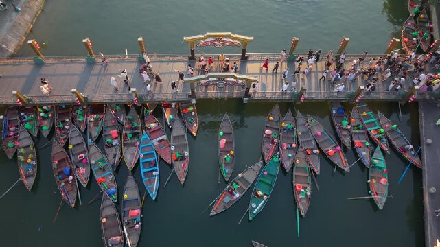 Aerial panoramic view of Hoi An city, Da Nang province, Vietnam. Panoramic footage of Hoian ancient town, UNESCO world heritage. One of the most travel popular touristic destinations 
