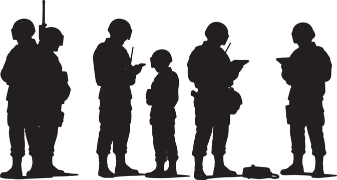 Black Solid Private Security Guard Silhouettes Set of Six on White Background