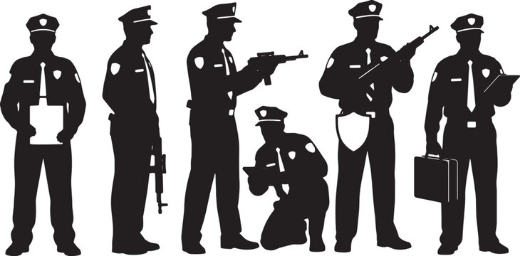 Black Solid Private Security Guard Silhouettes Set of Six on White Background