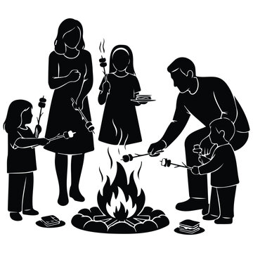 Family making s'mores around campfire outdoor vector silhouette illustration.