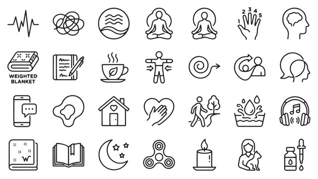 Mental health therapy and self care outline icon set with meditation breathing weighted blanket journaling and coping strategy symbols