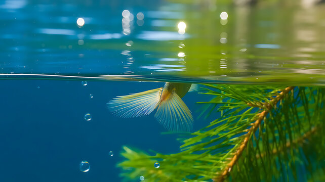 A macro shot, an extreme close-up of the water surface of Lake Baikal in summer. The refraction of sunlight creates bokeh circles. A lenok fish's pectoral fin is visible underwater, surrounded by bubb