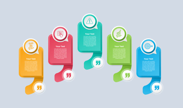 Speech bubble base shape infographic with glossy gradient style with creative box wave smooth direction with round tail and circle badge with five segment information