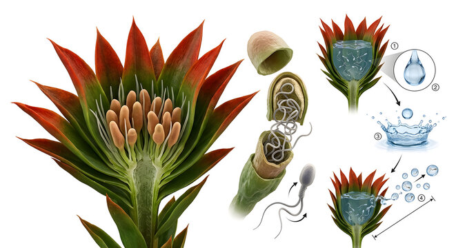 Scientific 3D Illustration of Moss Reproduction: Antheridial Splash Cup and Sperm Dispersal Mechanism