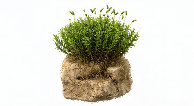 Scientific 3D Render of Moss Rhizoids Anchoring to a Rock Substrate Isolated on White