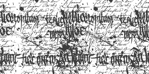 Obraz premium Seamless pattern with gothic calligraphy letters and vintage handwritten script in black ink