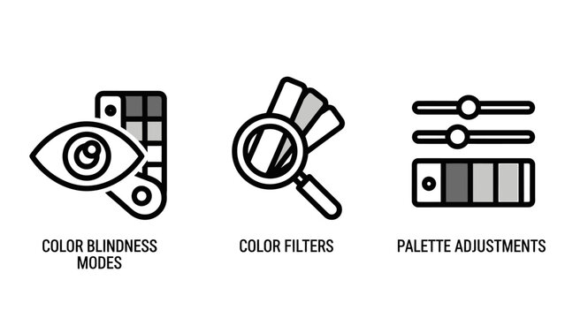 Color blindness modes color filters palette adjustments icons with color correction color calibration color grading color management color theory vision impairment user interface color wheel