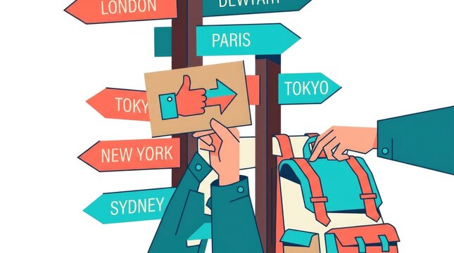 Adventure and travel concept with hands hitchhiking by colorful signpost featuring famous city destinations like london, paris, tokyo, and new york as a fun and spontaneous journey background