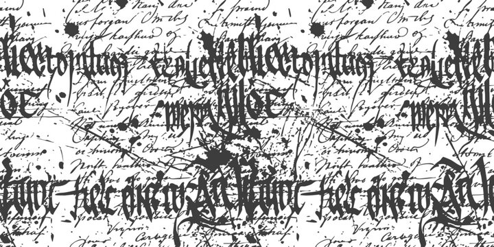 Seamless pattern with gothic calligraphy letters and vintage handwritten script in black ink