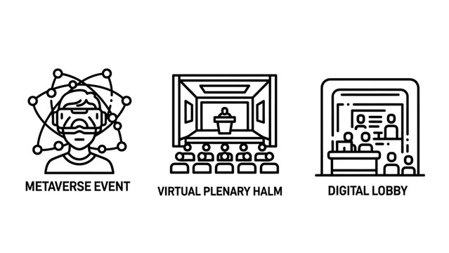 Icons for metaverse event virtual plenary hall digital lobby with augmented reality metaverse conference audience presentation technology internet immersive networking broadcast gathering