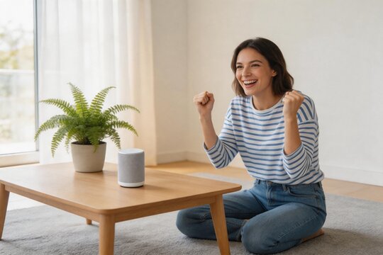 Woman celebrating in living room with smart speaker