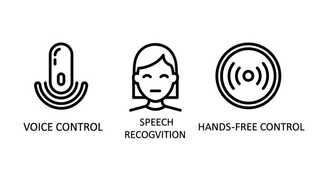 Voice control speech recognition hands-free control icons with sound waves microphone technology communication interface settings recognition automation wireless feedback assistance