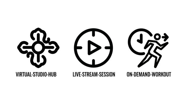 Fitness icons: virtual studio hub live stream session on-demand workout on demand with exercise on-demand training wellness activity technology platform personal convenience flexible
