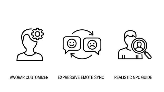 Avatar customization expressive emote sync realistic npc guide icons with magnifying glass artificial intelligence customization character technology expression communication interaction