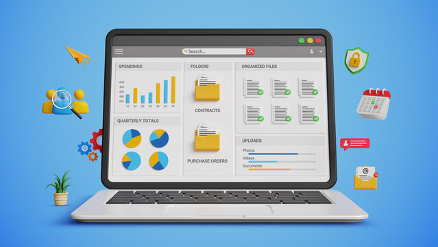 Digital Document Management System Concept. DMS. Organizing Documentation Workflow. Secure Cloud Storage. Project Planning, Files Sharing. Organized Documents Workflow on Laptop. 3D