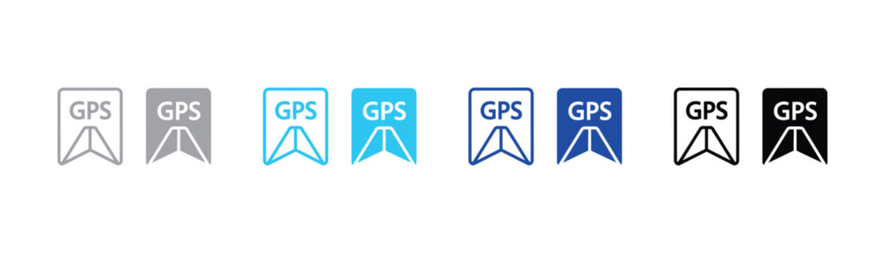 Set of gps road map flag marker vector icons with blue outline and solid fill navigation location direction illustration isolated background destination technology accurate