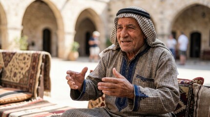 Obraz premium Portrait of an elderly man in traditional middle eastern attire gesturing expressively in historic courtyard setting