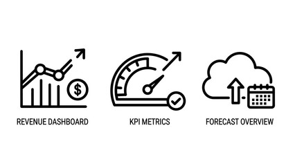 Fototapeta premium Revenue dashboard kpi metrics forecast overview icons for business analytics and financial planning with dashboard forecast overview business analytics financial planning management indicator