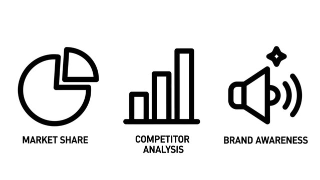 Business growth strategy with market share analysis competitor benchmarking brand awareness promotion represented by line icons pie chart bar graph white background marketing analytics