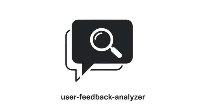 User feedback analyzer icon with magnifying glass in speech bubble for review and data analysis feedback analyzer analysis customer technology understanding improvement communication research
