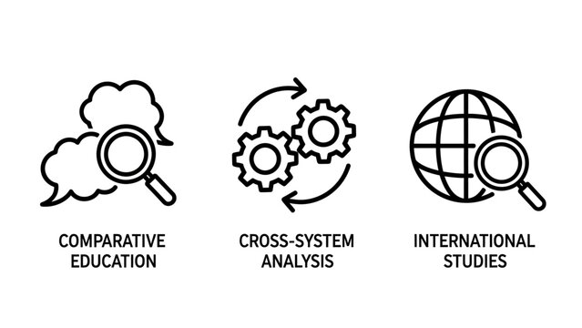 Icons representing comparative education cross-system analysis international studies with magnifying glass gears globe education analysis international comparative research learning business
