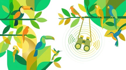 Naklejka premium Birdwatching adventure in lush forest environment with vibrant birds and binoculars for nature exploration and wildlife observation in greenery background