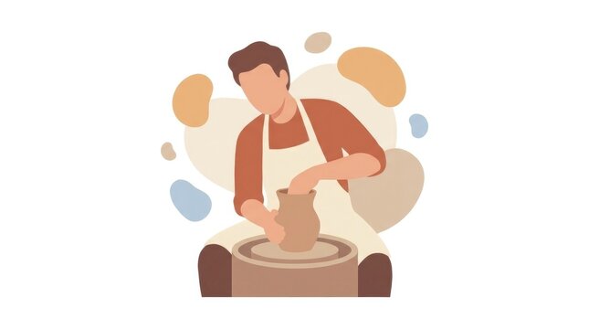 Pottery crafting scene with artisan shaping clay on a spinning wheel for creative ceramic design on white background