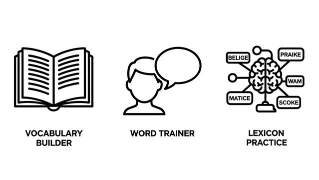 Education icons: vocabulary word training lexicon practice with education technology web icon education learning vocabulary language knowledge intellect communication dialogue training