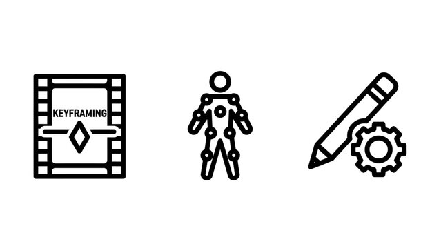 Keyframe motion capture figure pencil and gears icons with animation keyframe character movement recording settings illustration technology production creation software application