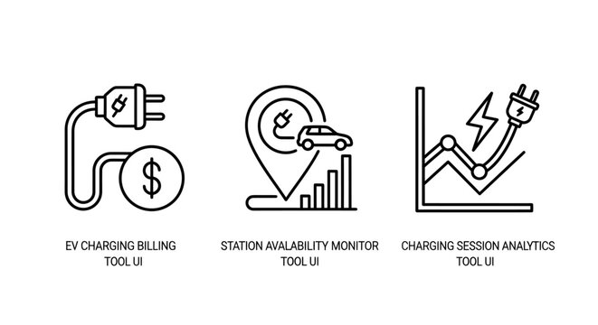 Electric vehicle icons: charging plug with dollar sign ev charging station on map with graph charging cable with lightning bolt and graph eco friendly green energy charging location analysis