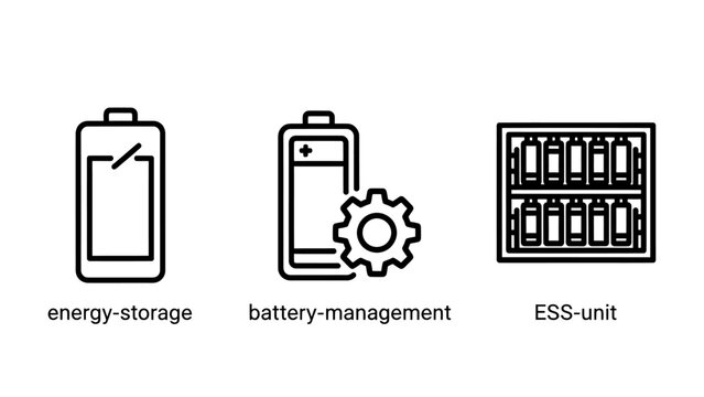 Energy storage icons: battery outline battery with gear grid of ess units energy sector power grid management settings configuration electric rechargeable illustration technology industry